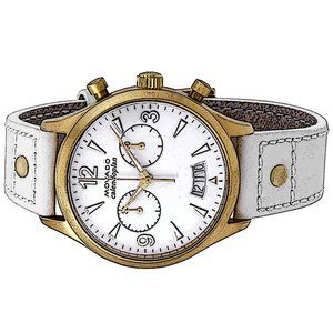 NEW! MOVADO Calendoplan Ladies Watch WHT Chronograph Dial Gold Case Leather Band